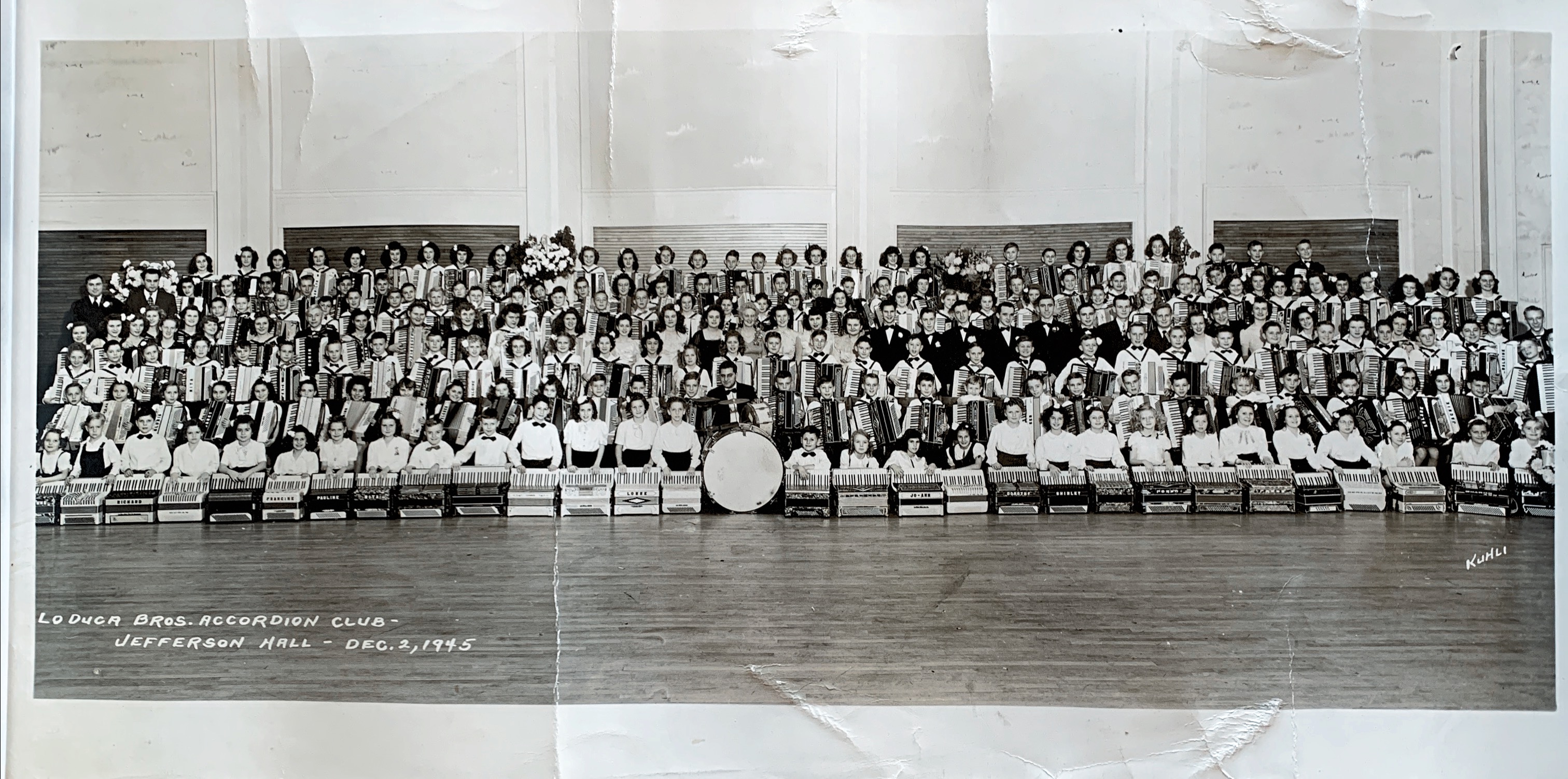 December 1945,  JoAnn in 1st row 3 right of center drum