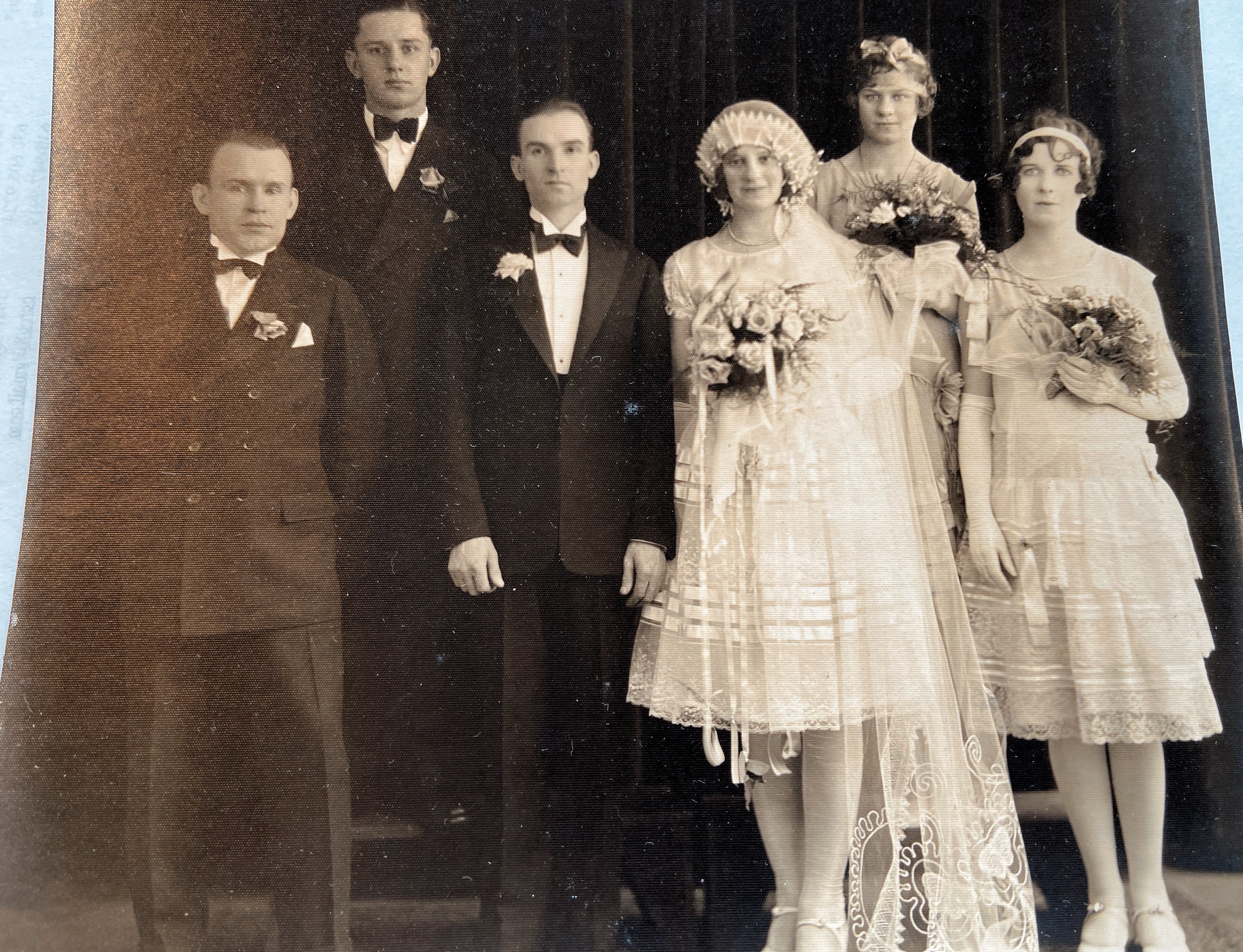 Emanuel Wozniak and Angela Satka June 18 1927 Bridesmaid behind bride is Stella Satka Groomsman behind groom is Emil Wozniak
