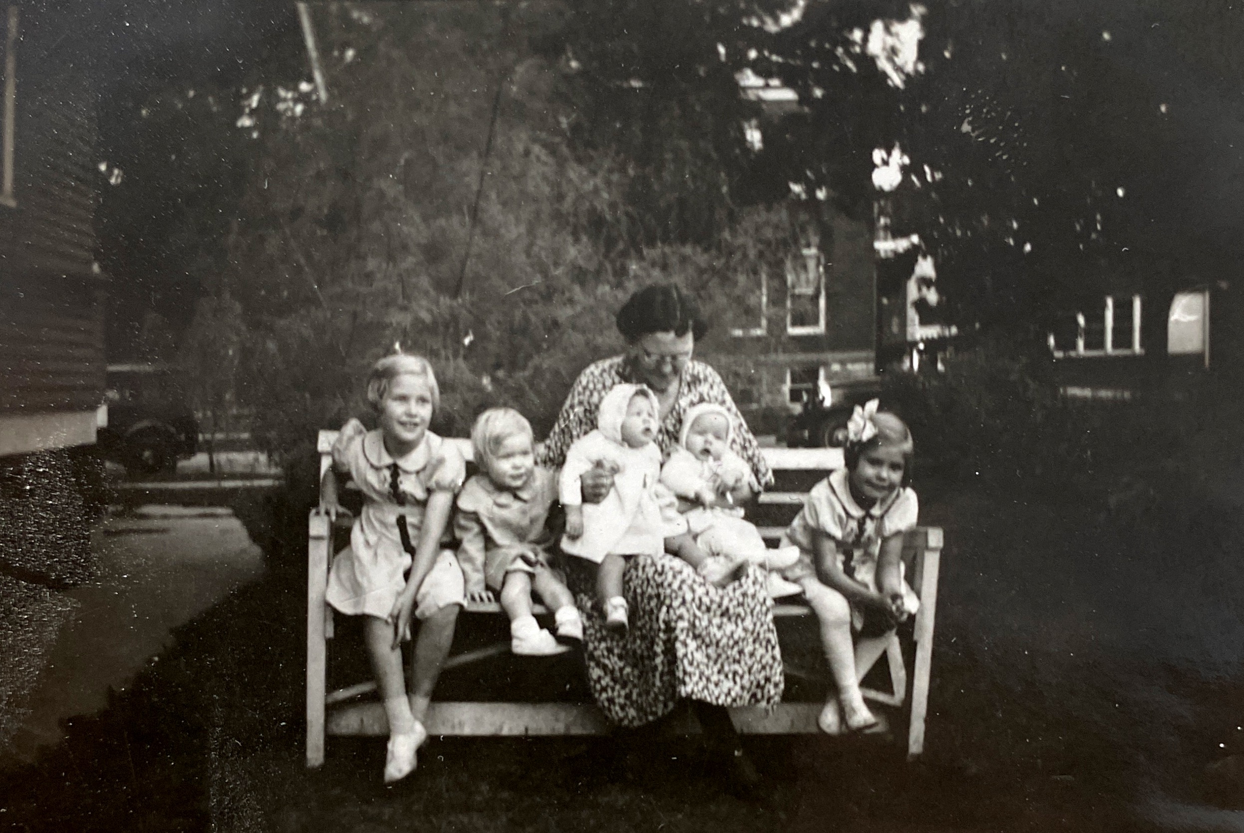 Marge, Ruth, Beverly Braught, Grandma Thoen (Emma), Bob and Donna Thoen.   September 1937.