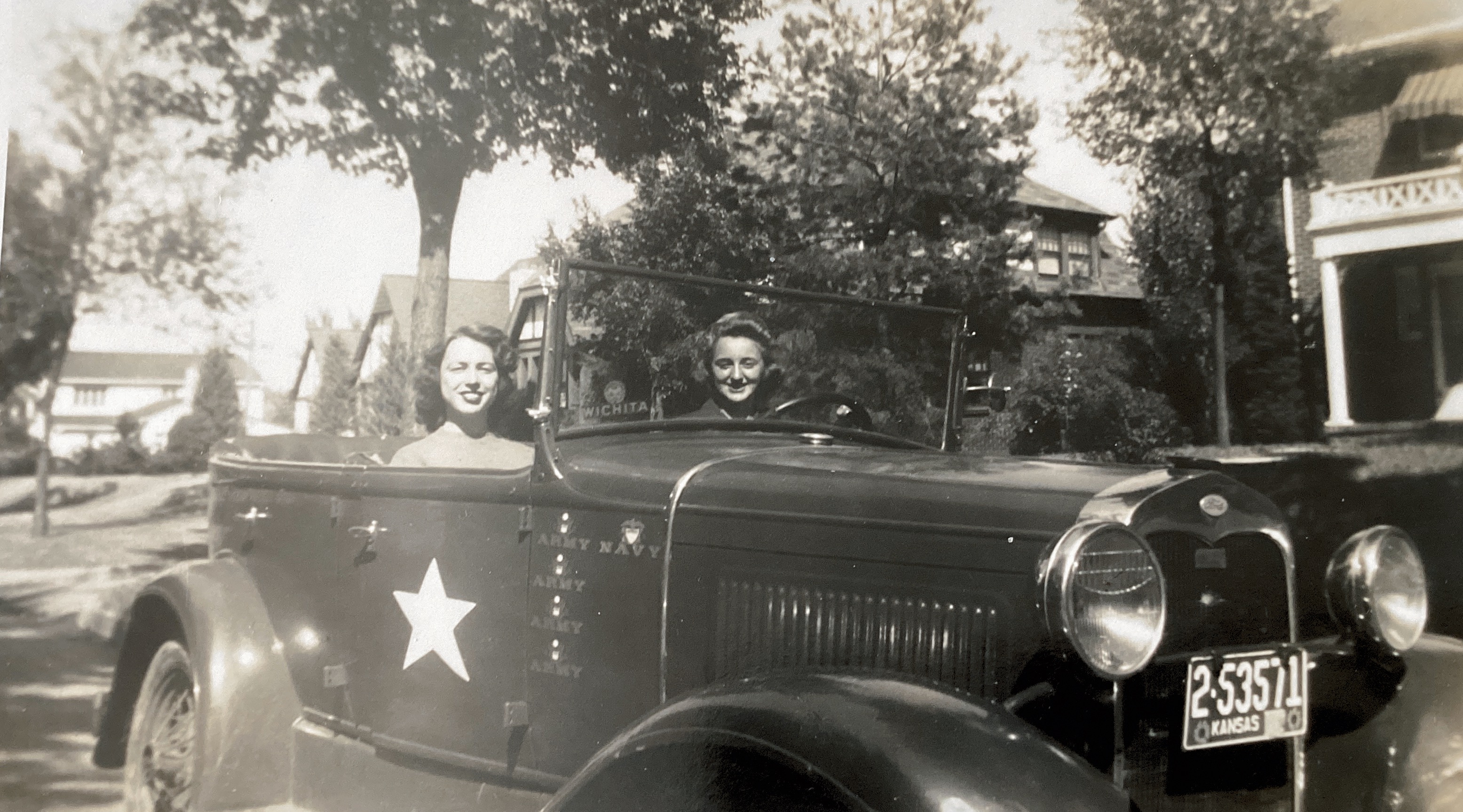Helen Corman’s Car — “The Blue Bomber” with 2 of her friends.  Circa 1940’s.