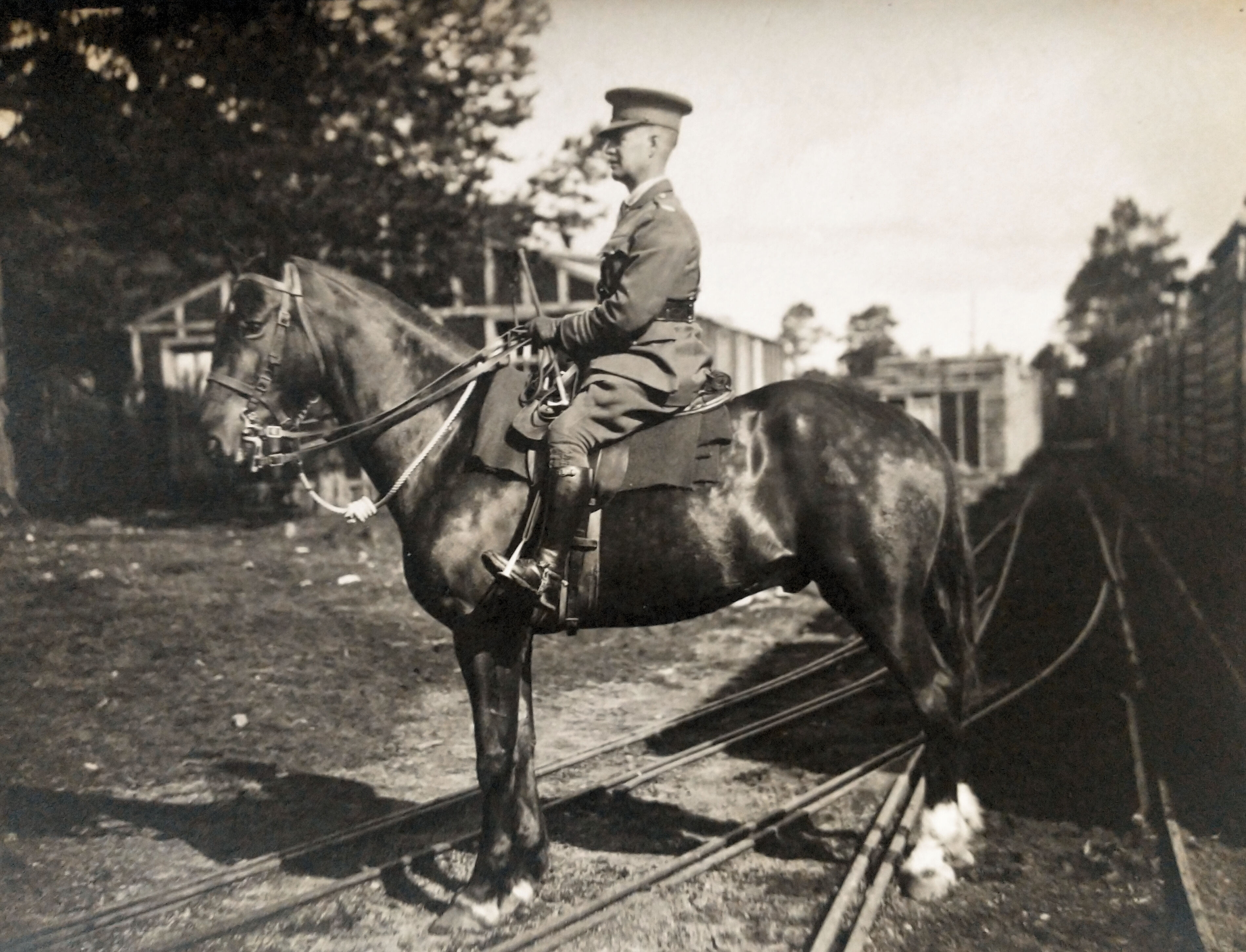 Nethy Bridge, Scotland 
1918 July 30
Co. 6 - C.F.C (Canadian Forest Corp)
Major H.A. Calder 
with the Horse Kipper 

***Nethy Bridge is a small village in Strathspey in the Highland council area of Scotland***
(source: Wikipedia)
