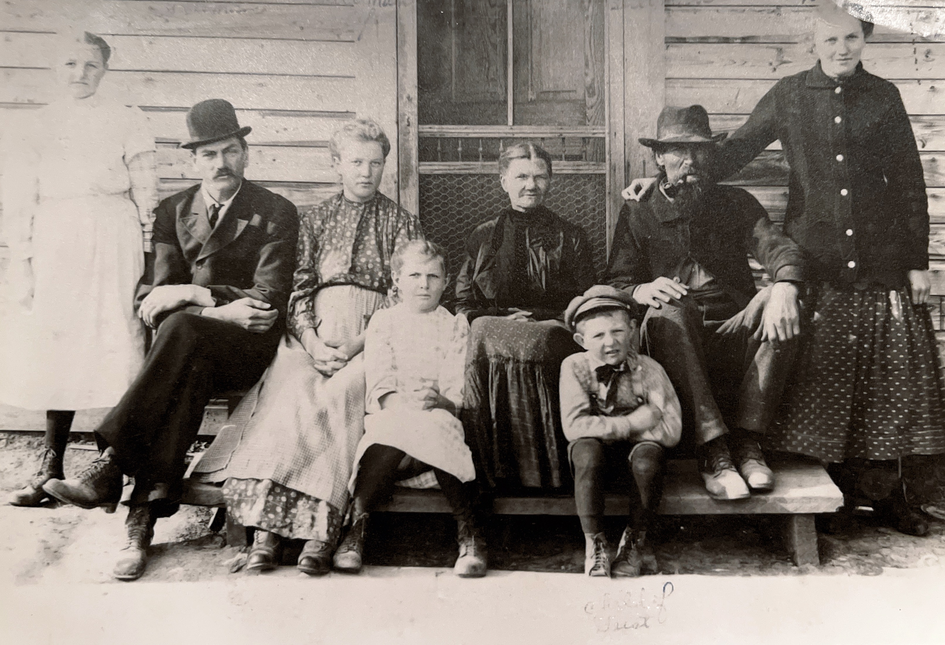 Left to right: 1) Freida Erdmann (August’s daughter) 2) Gustave Sillman (Son of Emilie & Frederick, both in photo) 3) Freida Marie Erdmann (Charles’ daughter) 4) Marie Louise Erdmann (August’s daughter) 5) Emilie Fredericka Löffel Zillmann 6) August Frederick Erdmann (August’s son) 7) Frederick Berg Zillmann 8) Anna Marie Erdmann (Charles’ daughter) (will eventually marry Herman Sillman…..Gustave’s brother) #’s 1,4,6 are siblings #’s 3&8 are sisters Charles and August (not in photo) are brothers, therefore, #’s 1,3,4,6,8 are cousins. 