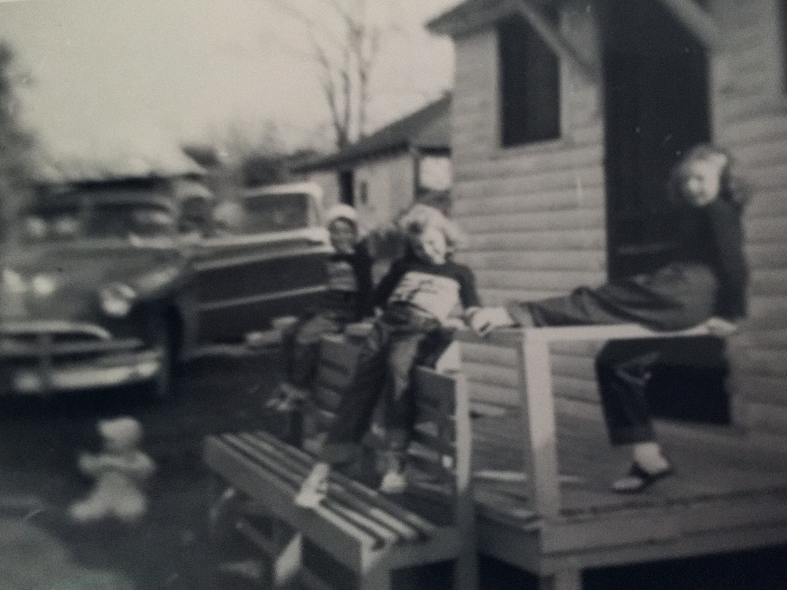 Our travels across the Great Plains from New Jersey. We had stayed in this cabin and my sister Eileen stood so close to the wall-heater that her hair caught on fire. Our mother had to cut her hair that got burned. 
We loved wearing our Rudolph sweaters we got for Christmas 1953. 