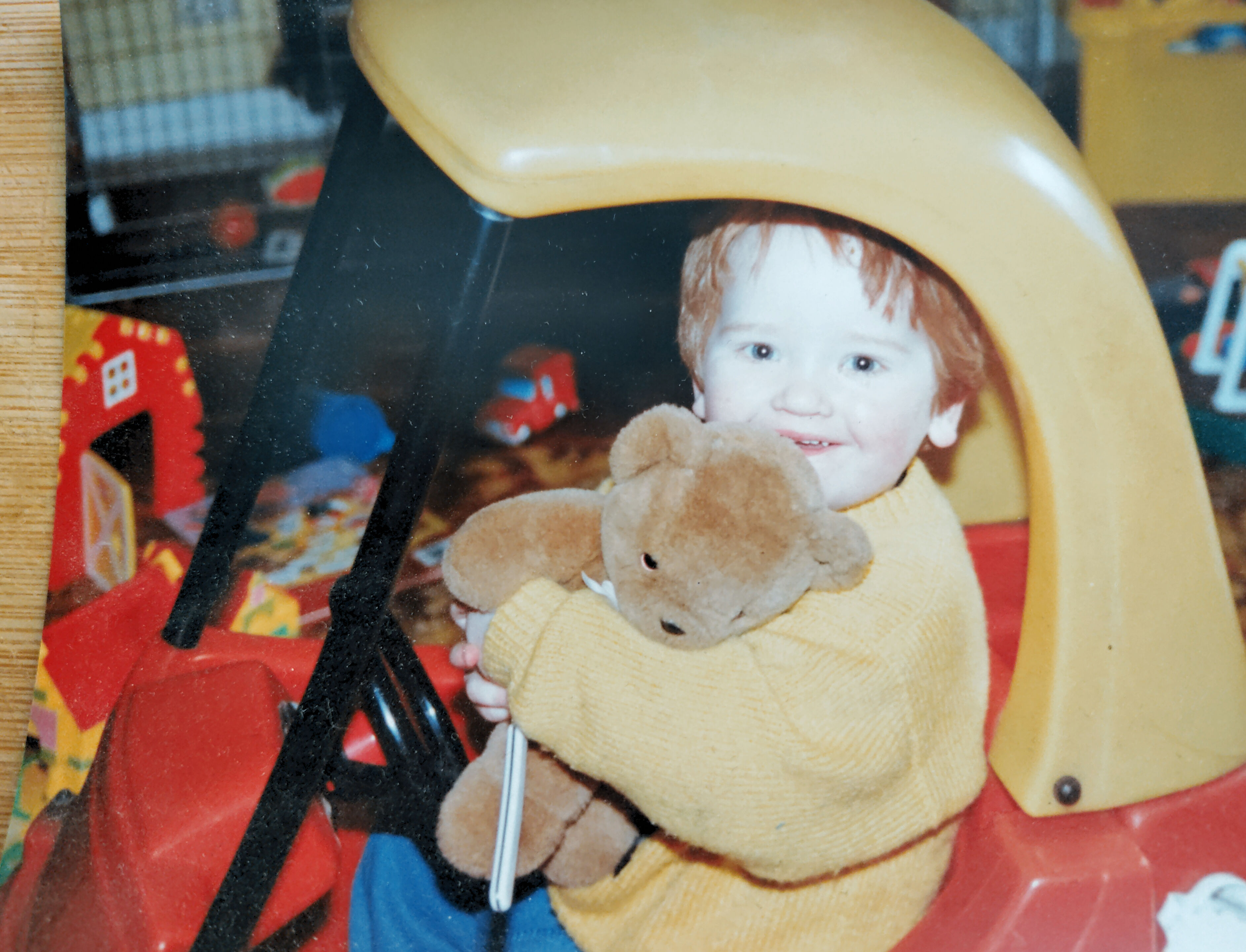 our youngest son with his favourite bear, Teddy, and the car that belonged to his 3 brothers before him. 1994. he turned 39 today, 19/8. 