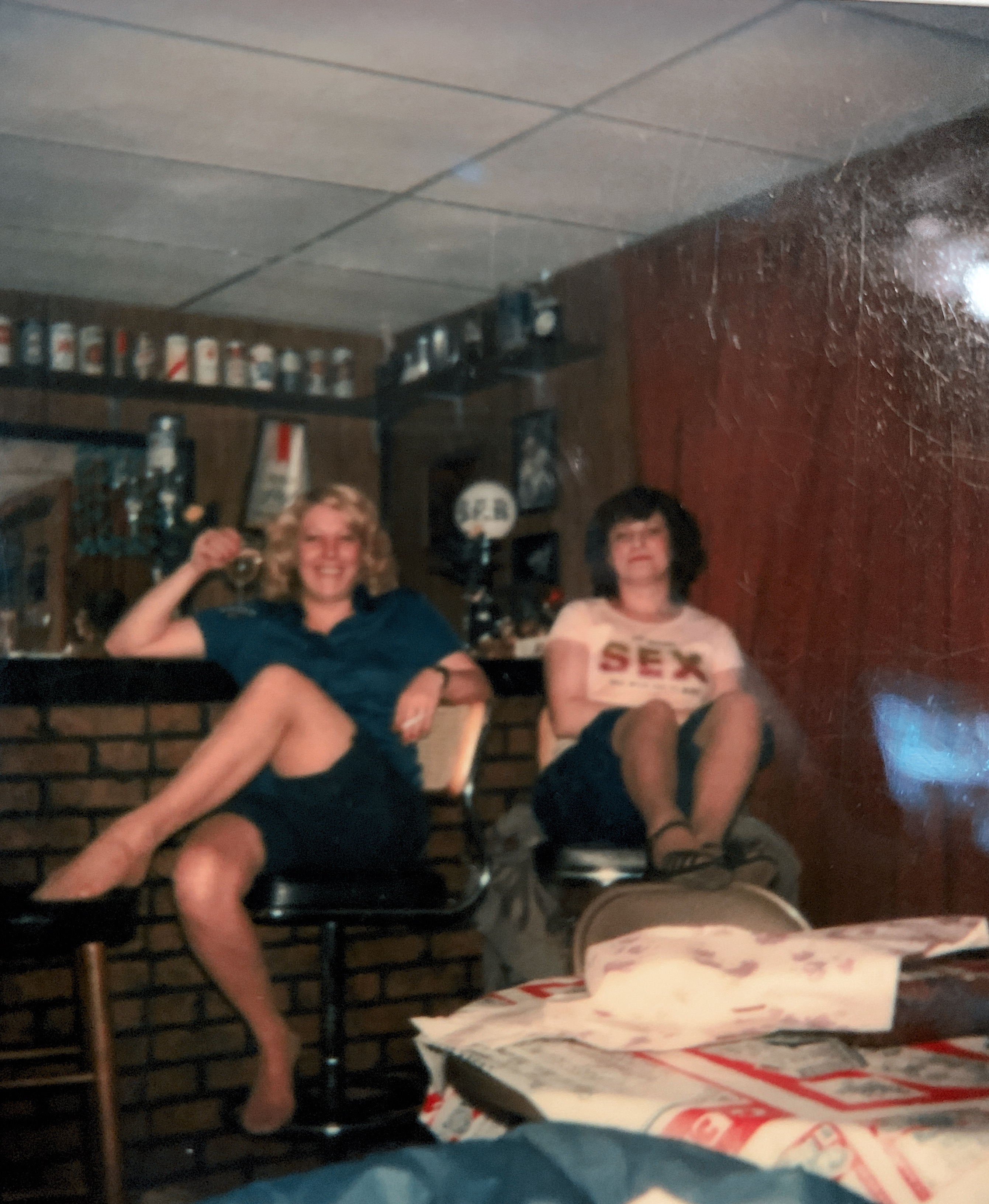 1979 my mother and her sister getting together having a drink at our bar 